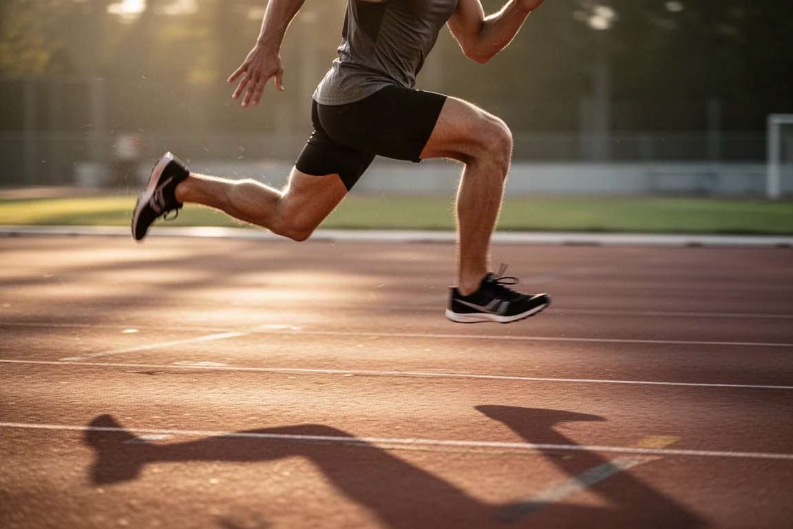 Atleet die snelle intervals loopt op een buitenatletiekbaan in het late namiddaglicht