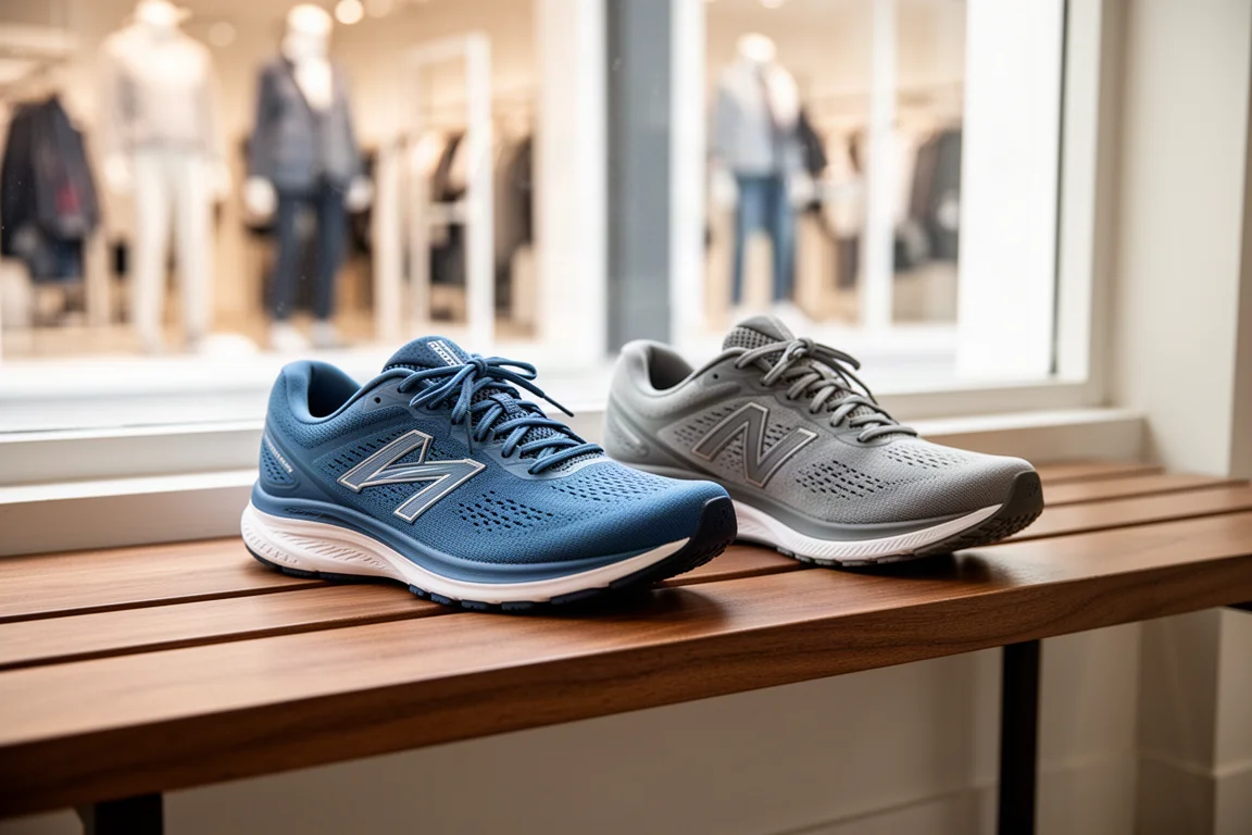 Twee afgeprijsde hardloopschoenen naast elkaar op een houten bankje bij een etalage