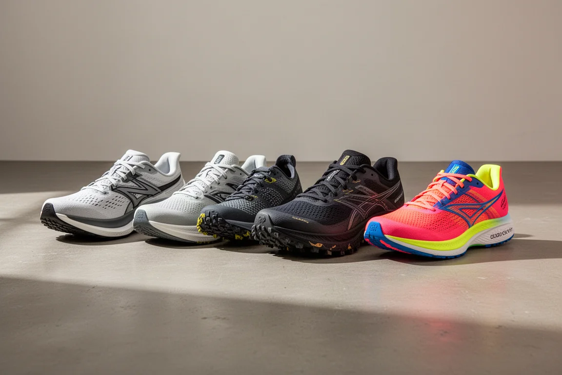 Lineup of six running shoes on a matte concrete floor