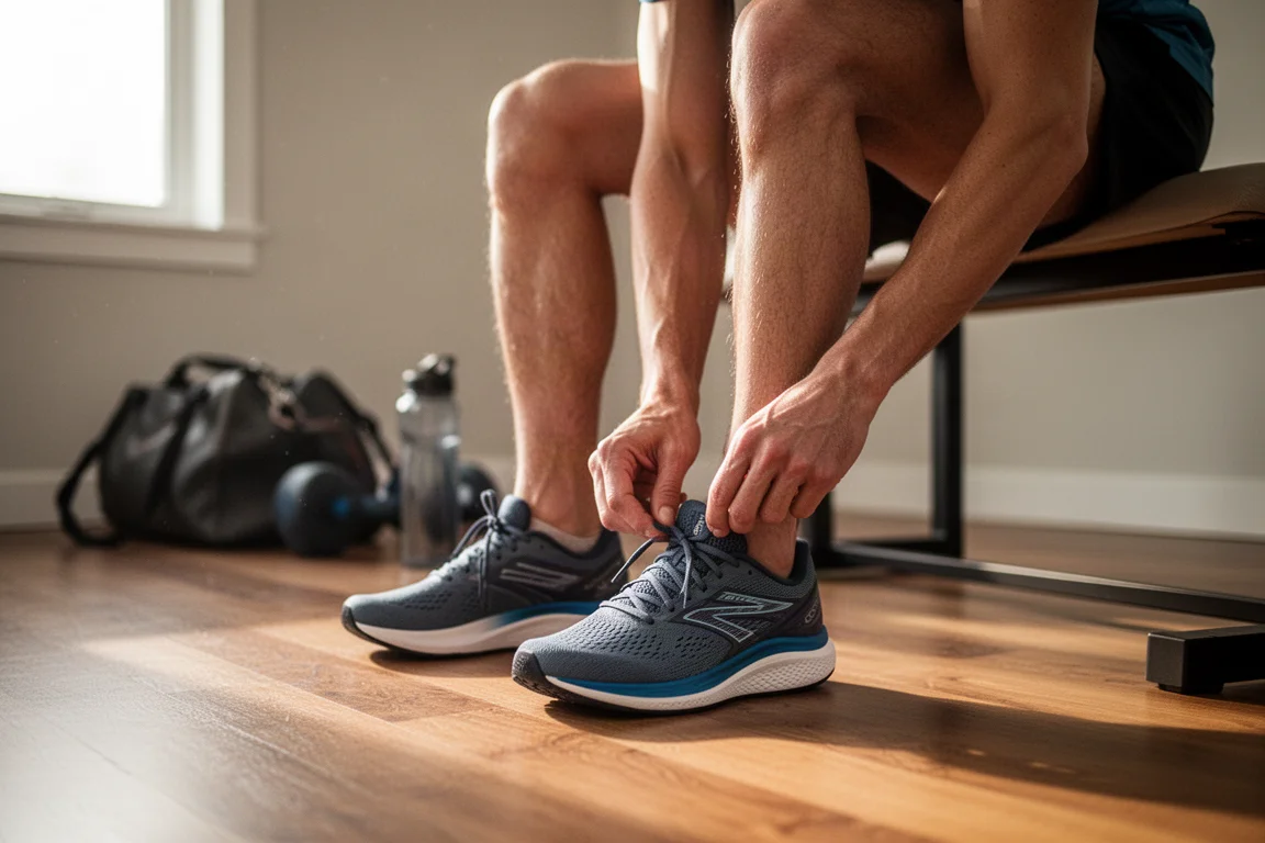 Läufer schnürt vor einer Laufband-Einheit ein Paar Laufschuhe auf einem Holzboden