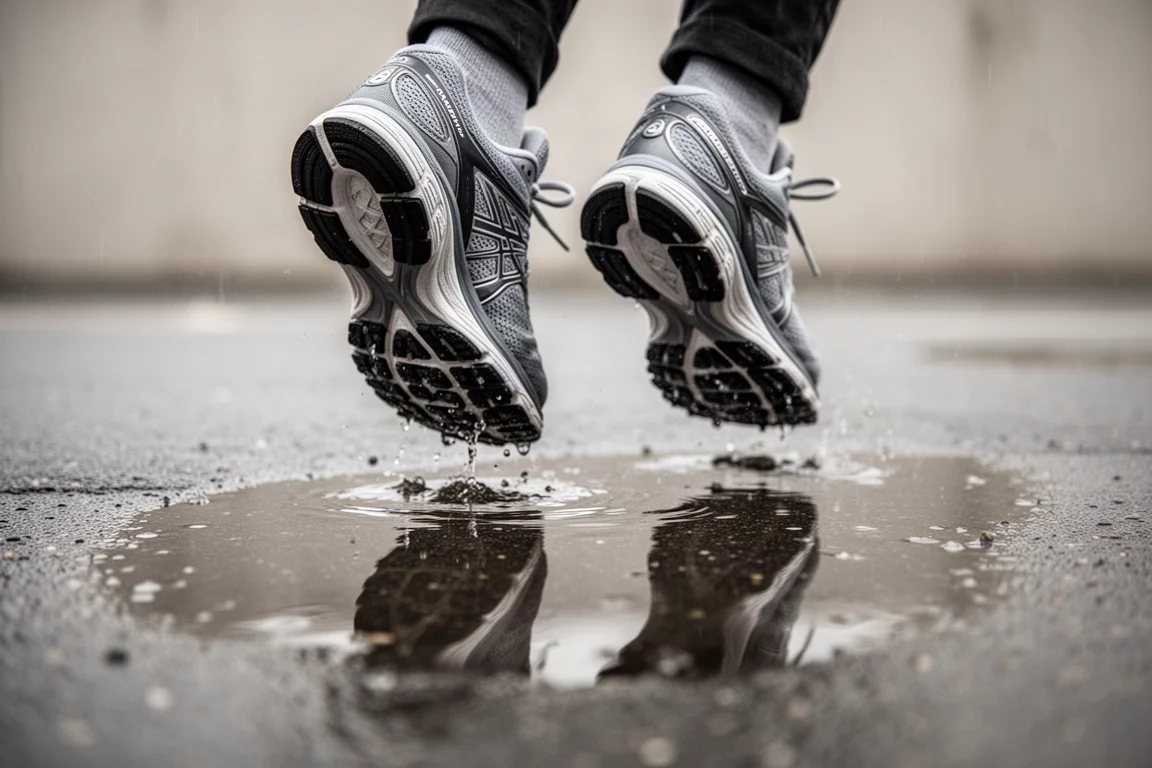 Laufschuhe und nasser Asphalt auf einer städtischen Straße nach dem Regen