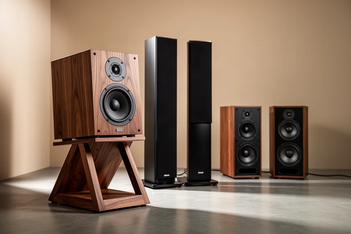 Group of hi-fi speakers arranged in a listening room with soft directional light