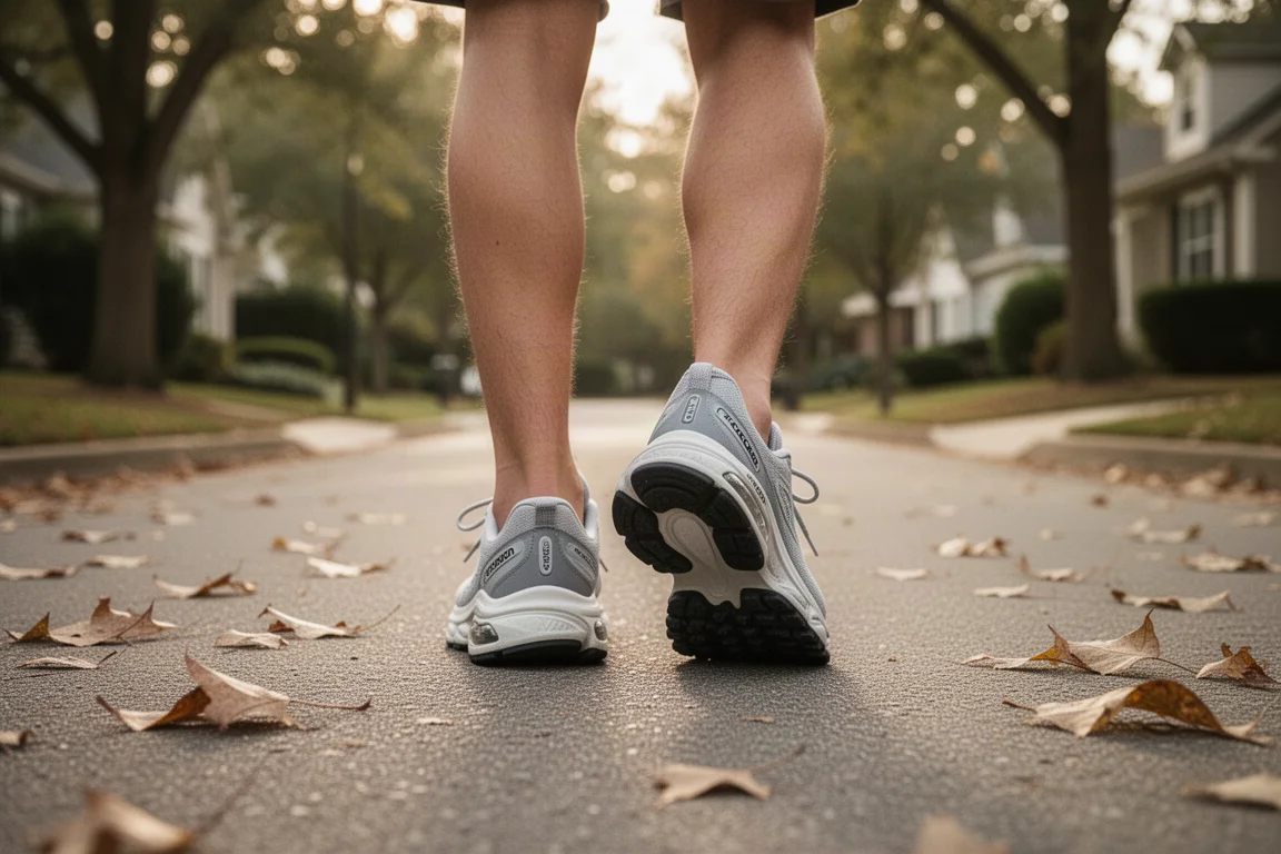 Maximal gedämpfter Laufschuh lässig getragen beim Spaziergang durch ein Wohnviertel