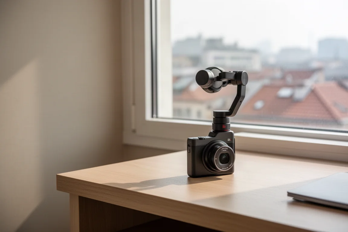 Kompakte Gimbal-Kamera auf einem Hoteltisch neben einem Fenster