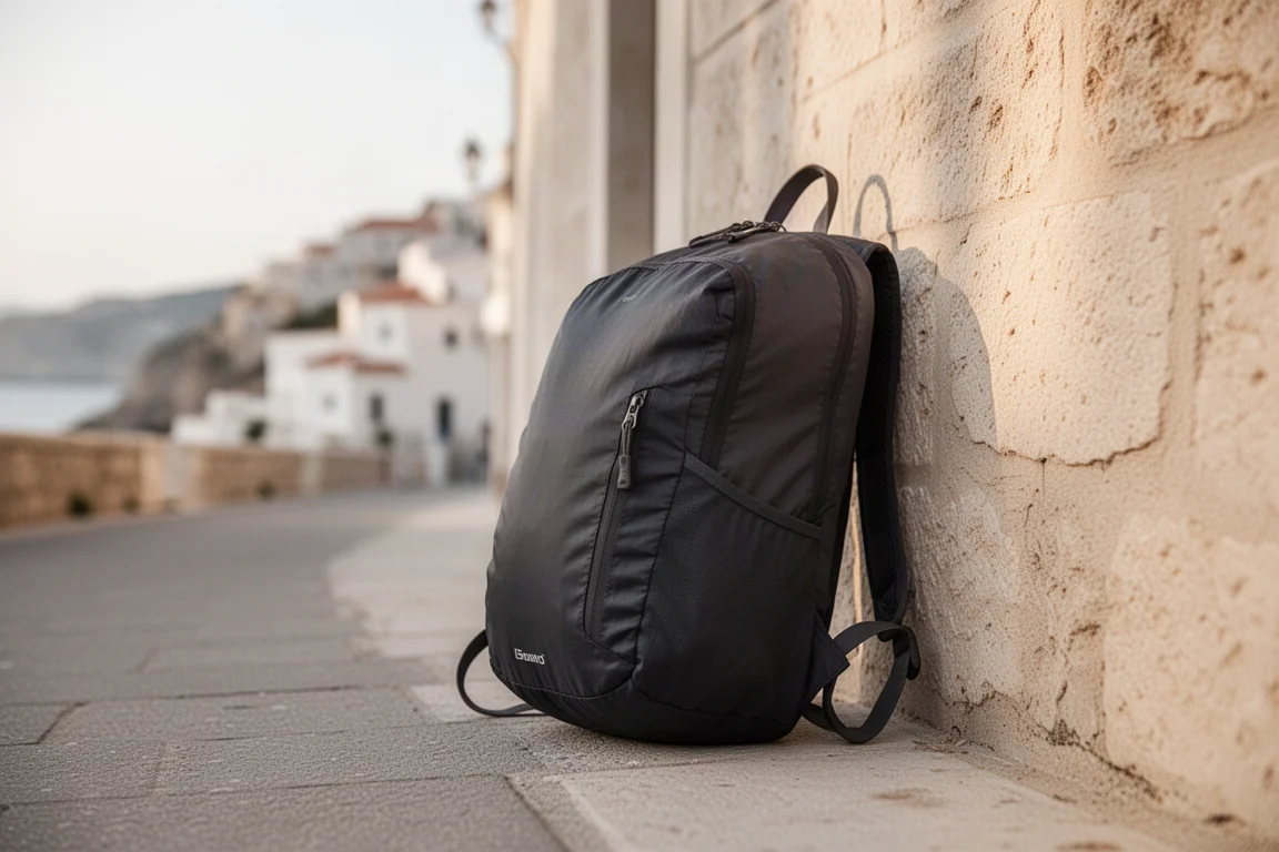 Leicht packbarer Rucksack lehnt an einer Steinmauer auf einer Reisestraße