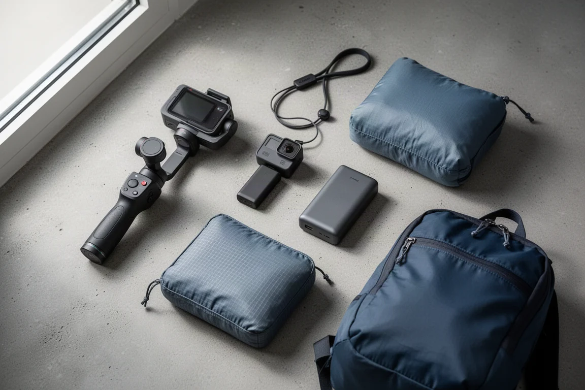 Flat-lay di attrezzatura da viaggio compatta con telecamera stabilizzata, action camera, power bank, packing cube e uno zaino pieghevole