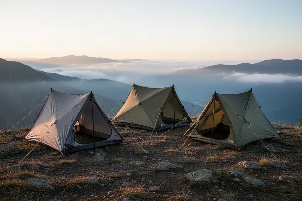 Several ultralight backpacking tents pitched on a mountain ridge at dawn