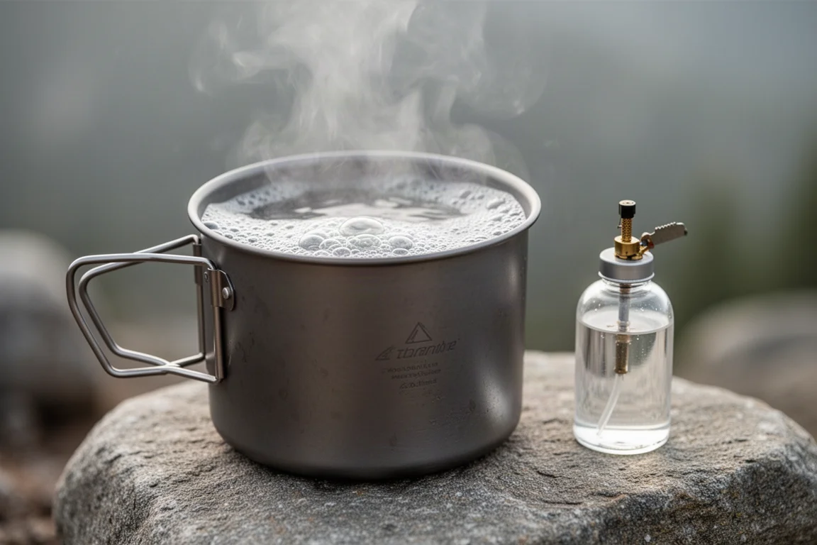 Primer plano de agua burbujeando en una olla de titanio junto a una pequeña botella de combustible