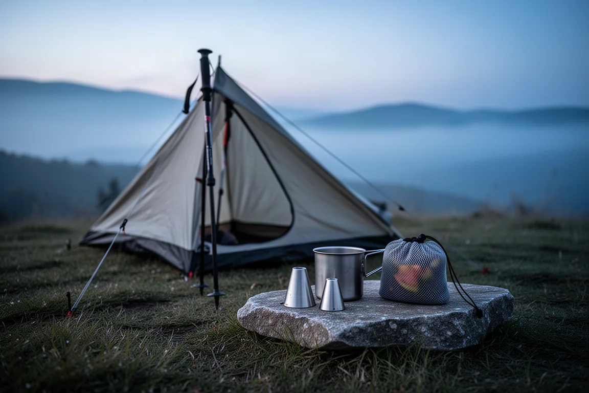 Pequeño campamento al atardecer con una tienda montada y el kit de cocina dispuesto en el suelo