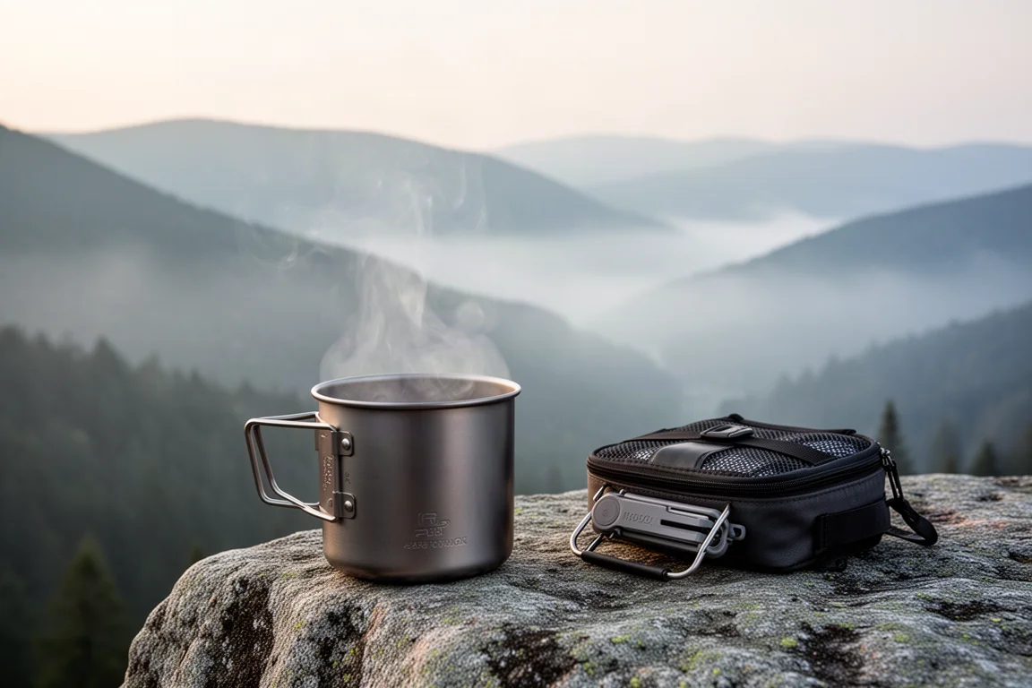 Vapor elevándose de una olla de titanio sobre una repisa de granito por encima de un valle brumoso