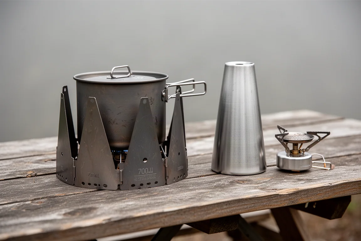 Due kit da cucina ad alcol con cono in titanio disposti su un tavolo da campeggio in legno consumato