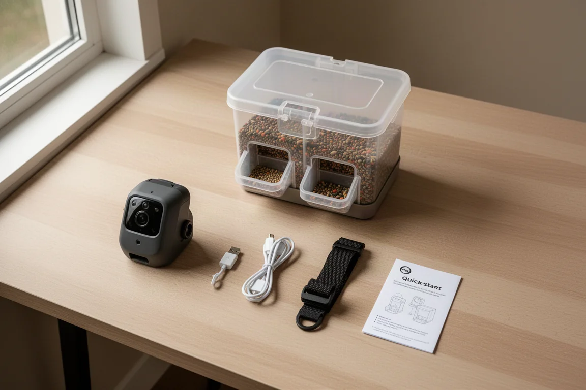 Slimme vogelvoederinstallatie uitgepakt met cameramodule, oplaadkabel en montageriem op een houten tafel