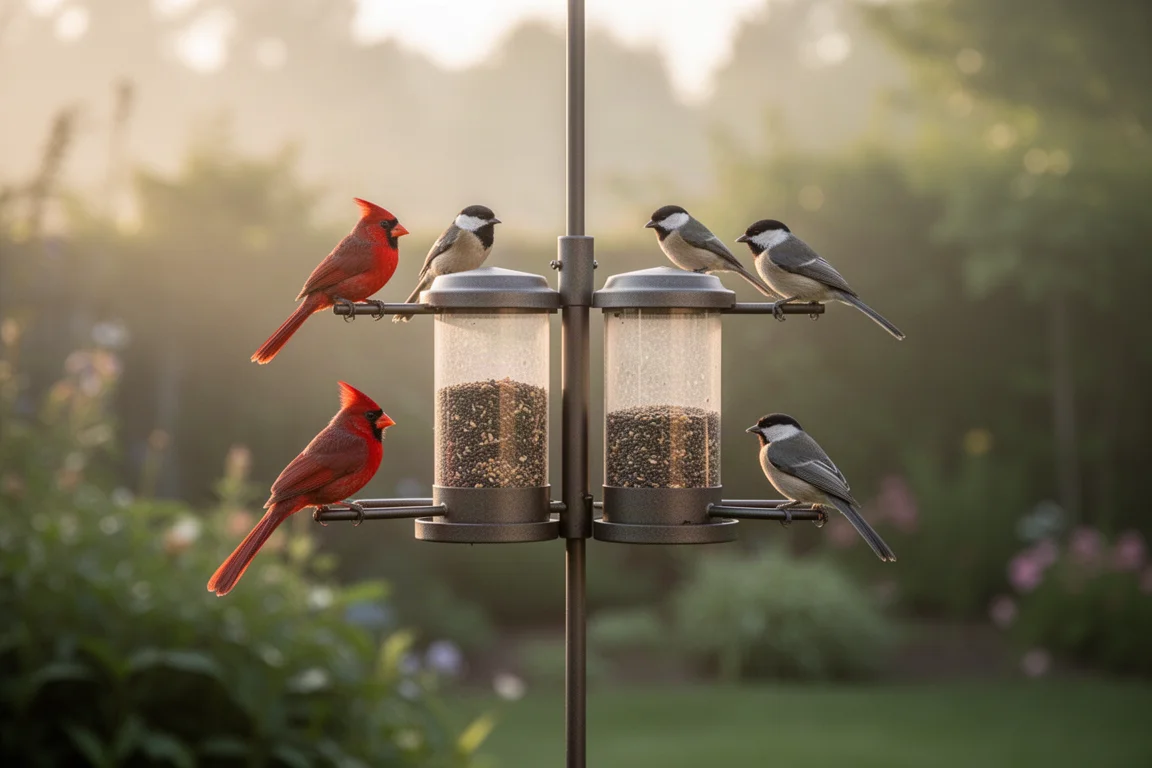 Kardinalen en zwarte mezen zitten op de verlengde zitstokken van een slimme vogelvoederinstallatie in het ochtendlicht