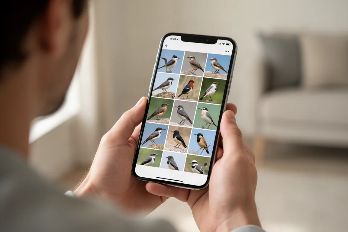 Smartphone-scherm met gemaakte vogelfoto's in een galerij van een bijbehorende app