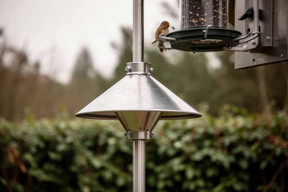 Eekhoorndeviesje gemonteerd onder een aan een paal gemonteerde vogelvoederinstallatie in een tuin