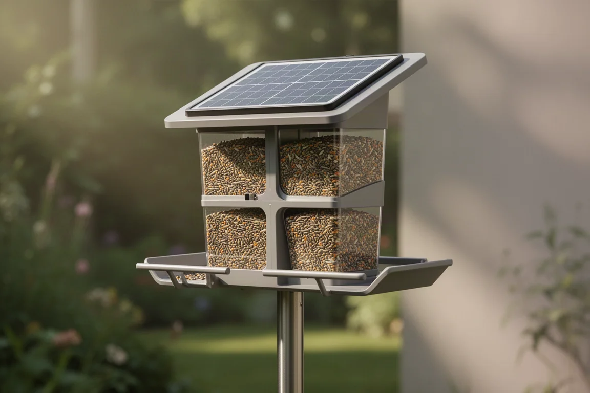 Mangiatoia smart FeatherSnap con tetto solare montata su un palo in un giardino