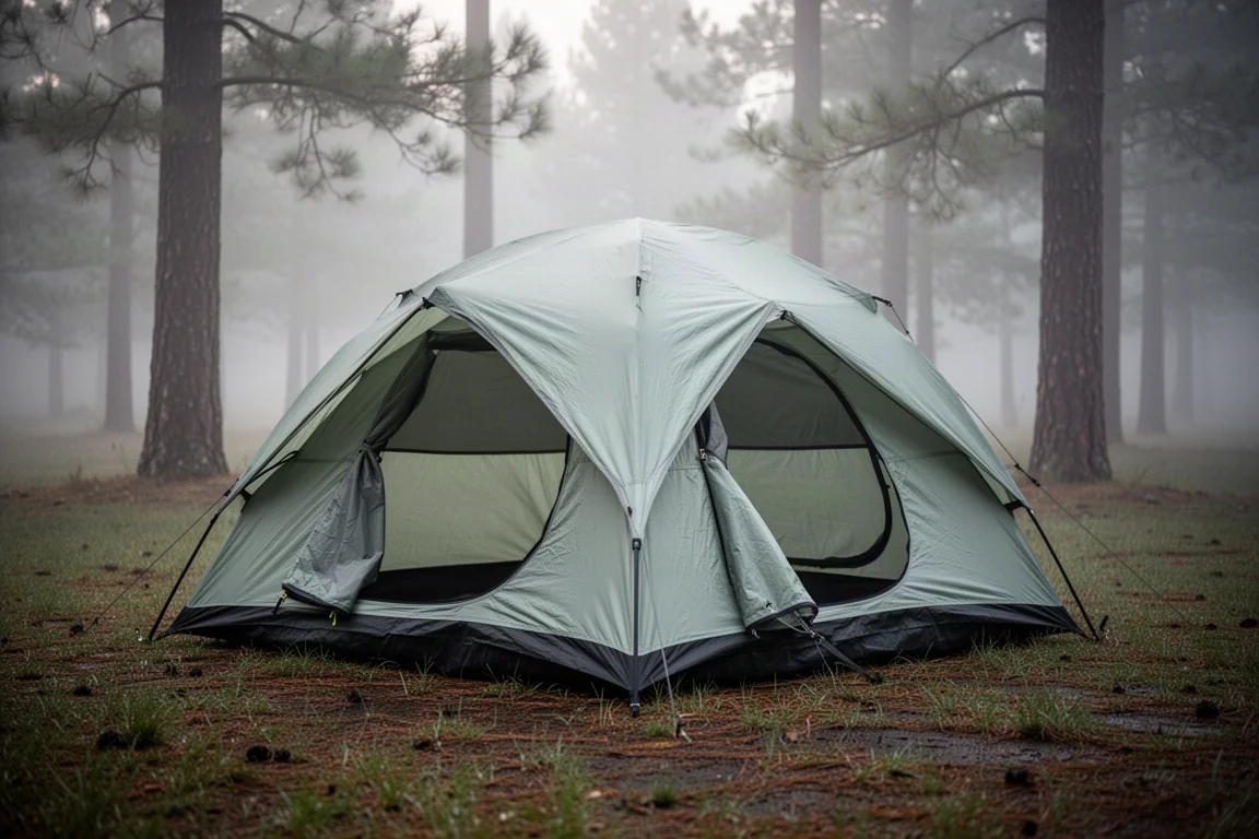 Low-profile two-person camping tent pitched on a grassy campsite clearing at dawn