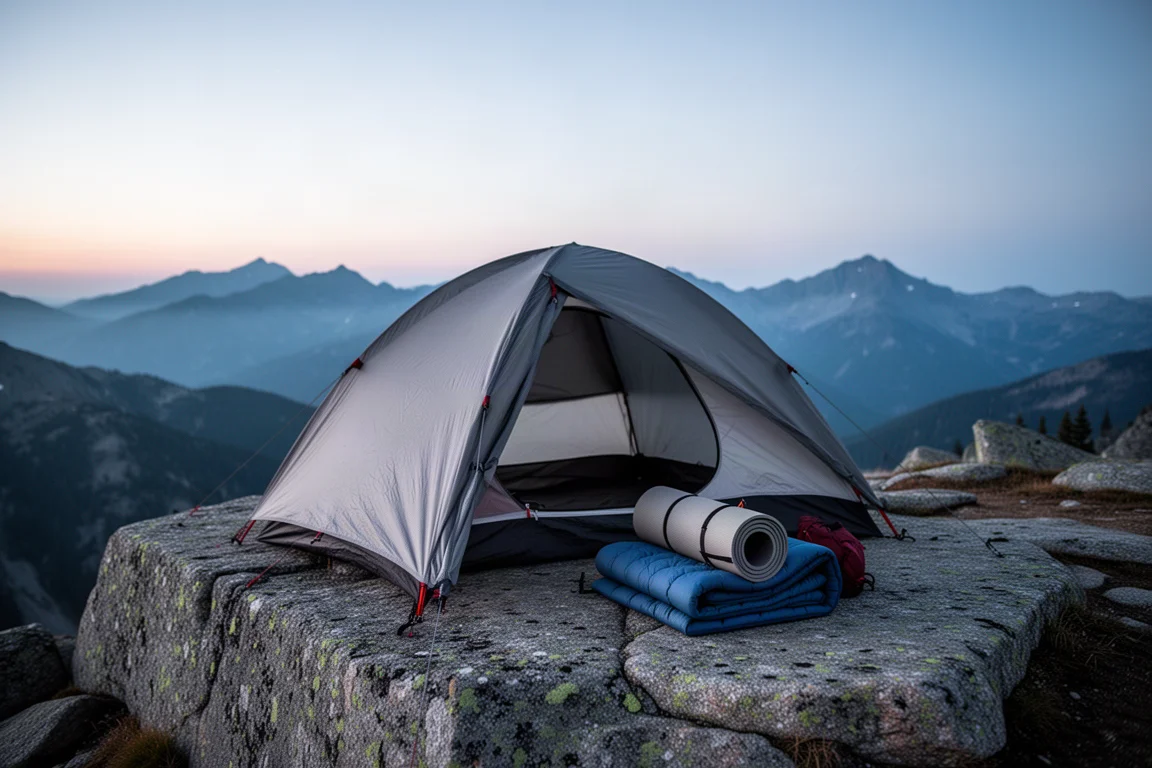 Backpacking-Quilt über eine Isomatte im Zelt gelegt, dahinter ein alpiner Grat