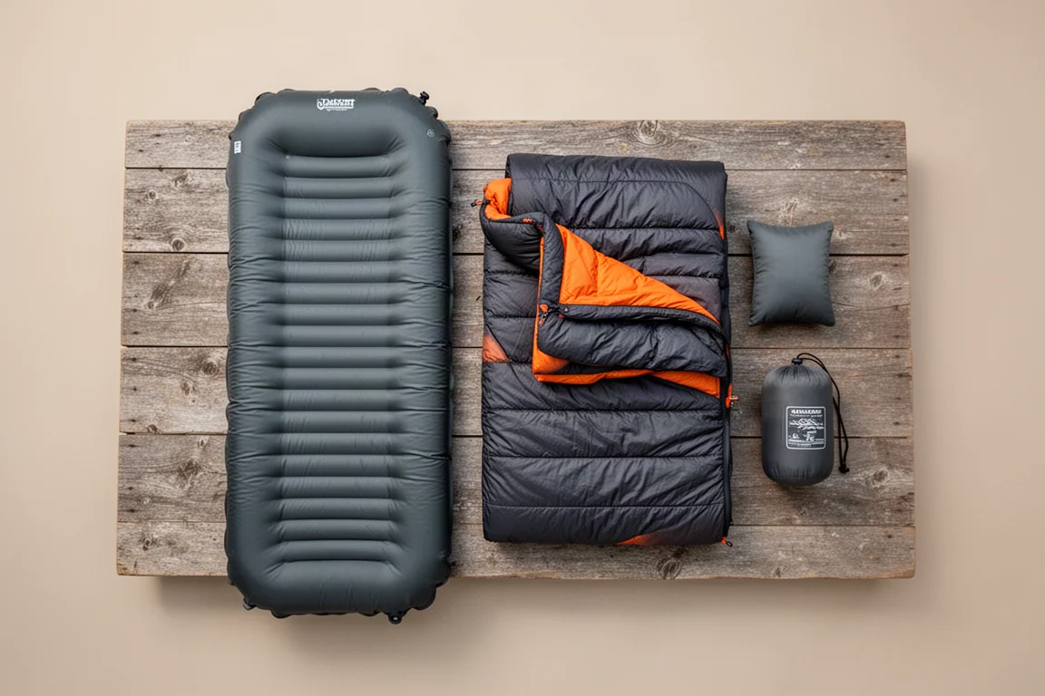 Kompakter Quilt im Packsack neben Trekkingstöcken auf Granit bei Sonnenaufgang