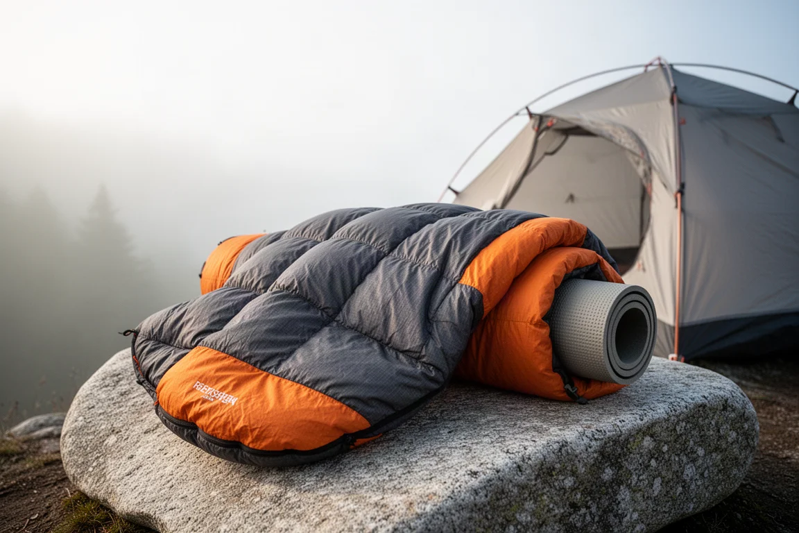 Quilt da backpacking leggero in piumino con dettagli arancioni drappeggiato su un materassino accanto a una tenda