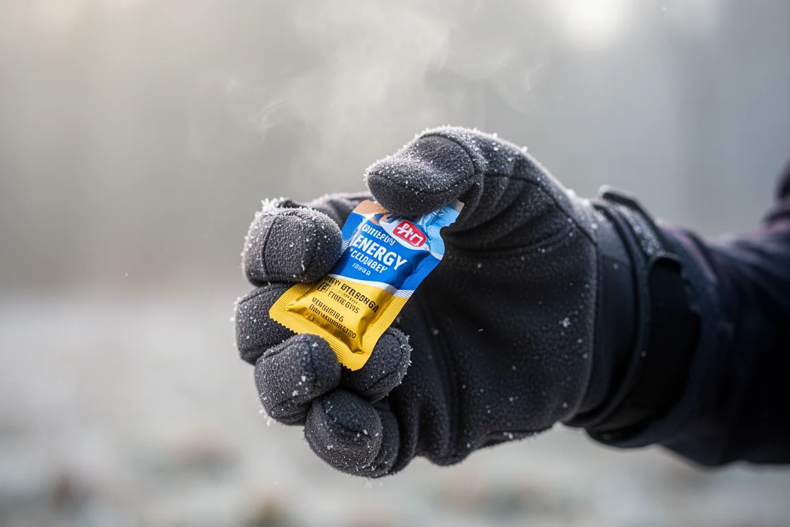 Close de uma mão com luva segurando um gel energético durante a corrida em condições frias
