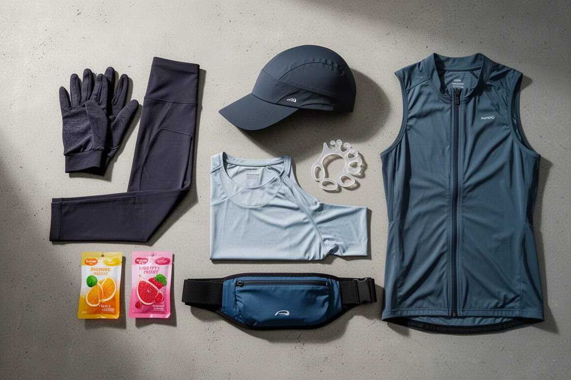 Flat-lay of running gloves, tights, cap, tee, belt, gilet, jellies, and toe spacers on concrete