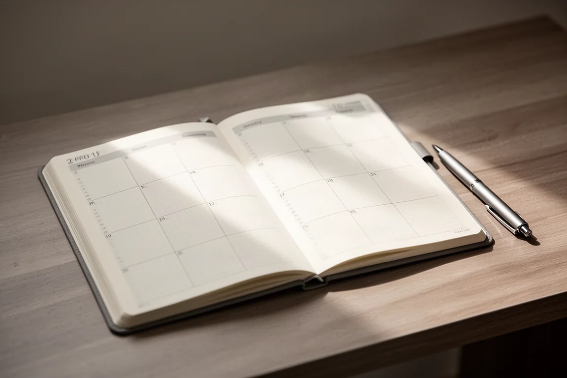 Open Japanese planner with weekly vertical spreads on a wooden desk
