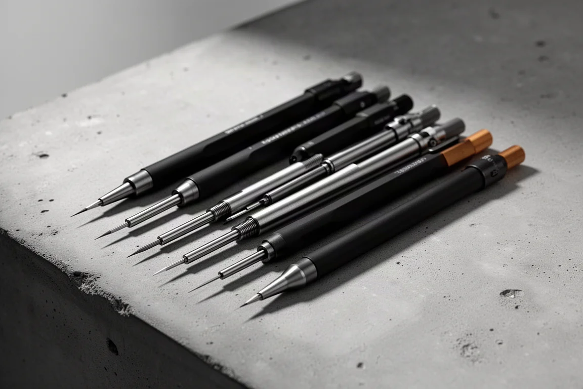 Matte black drafting pencils arranged on a concrete surface