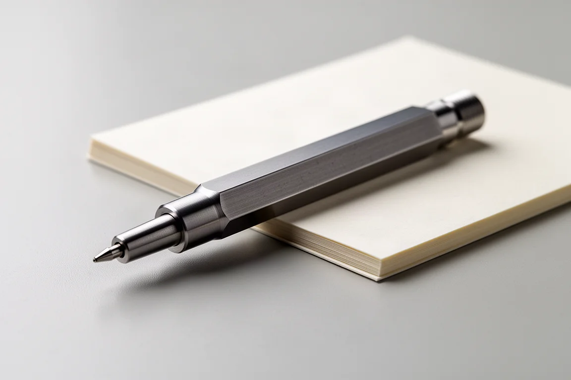 Hand-friendly mechanical pencil with hexagonal metal barrel on a desk