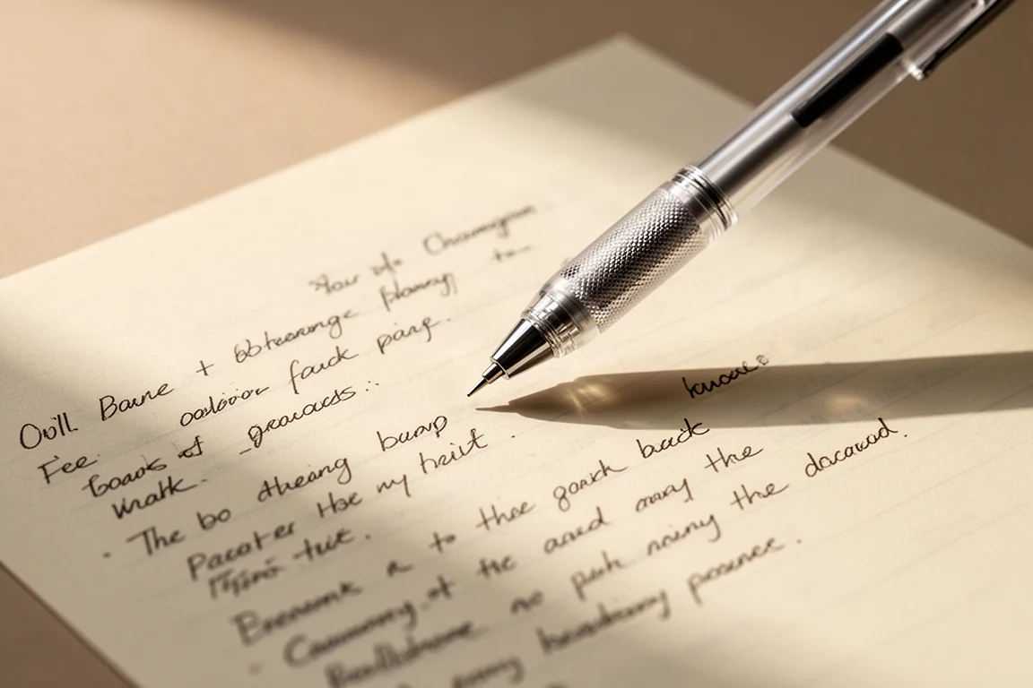 Gel pen with textured grip writing on a page of notes