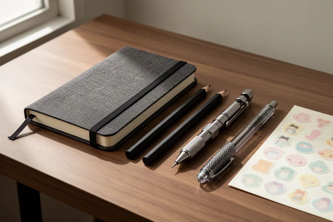Flat-lay of planners, drafting pencils, a gel pen, and stickers on a wooden desk