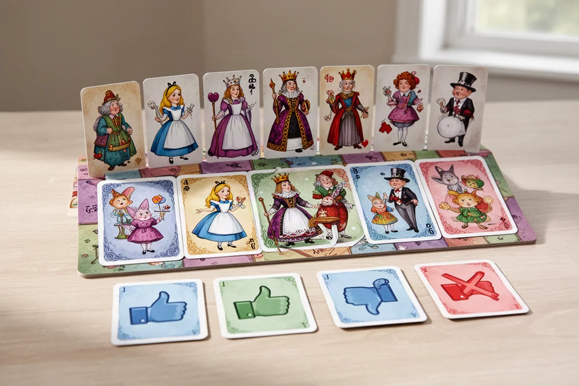 Six small board games with colorful components arranged on a wooden table