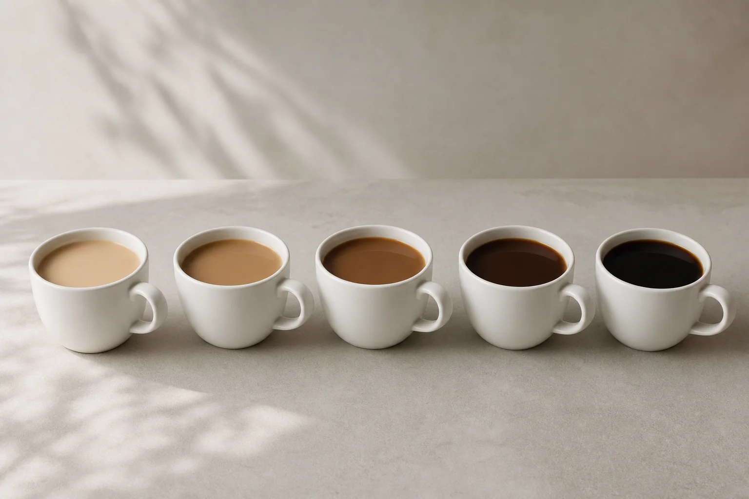 Five cups of brewed coffee showing varying strength from light to dark