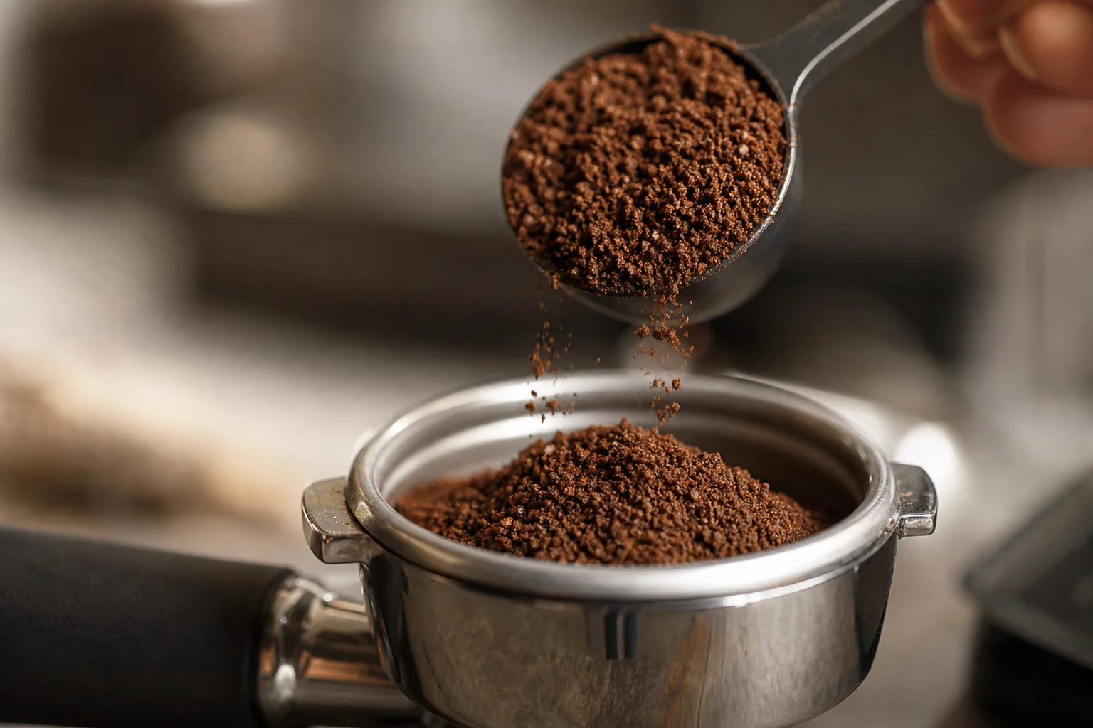 Close-up of coffee grounds being measured into a brew basket