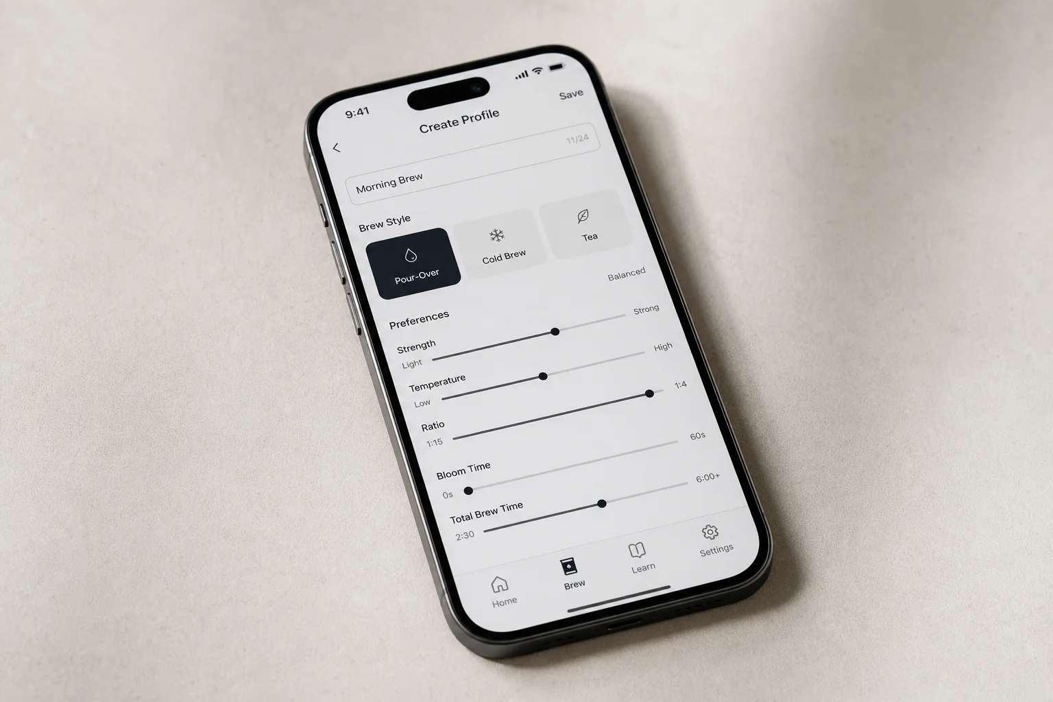 Smartphone displaying the Fellow app with brew profile settings