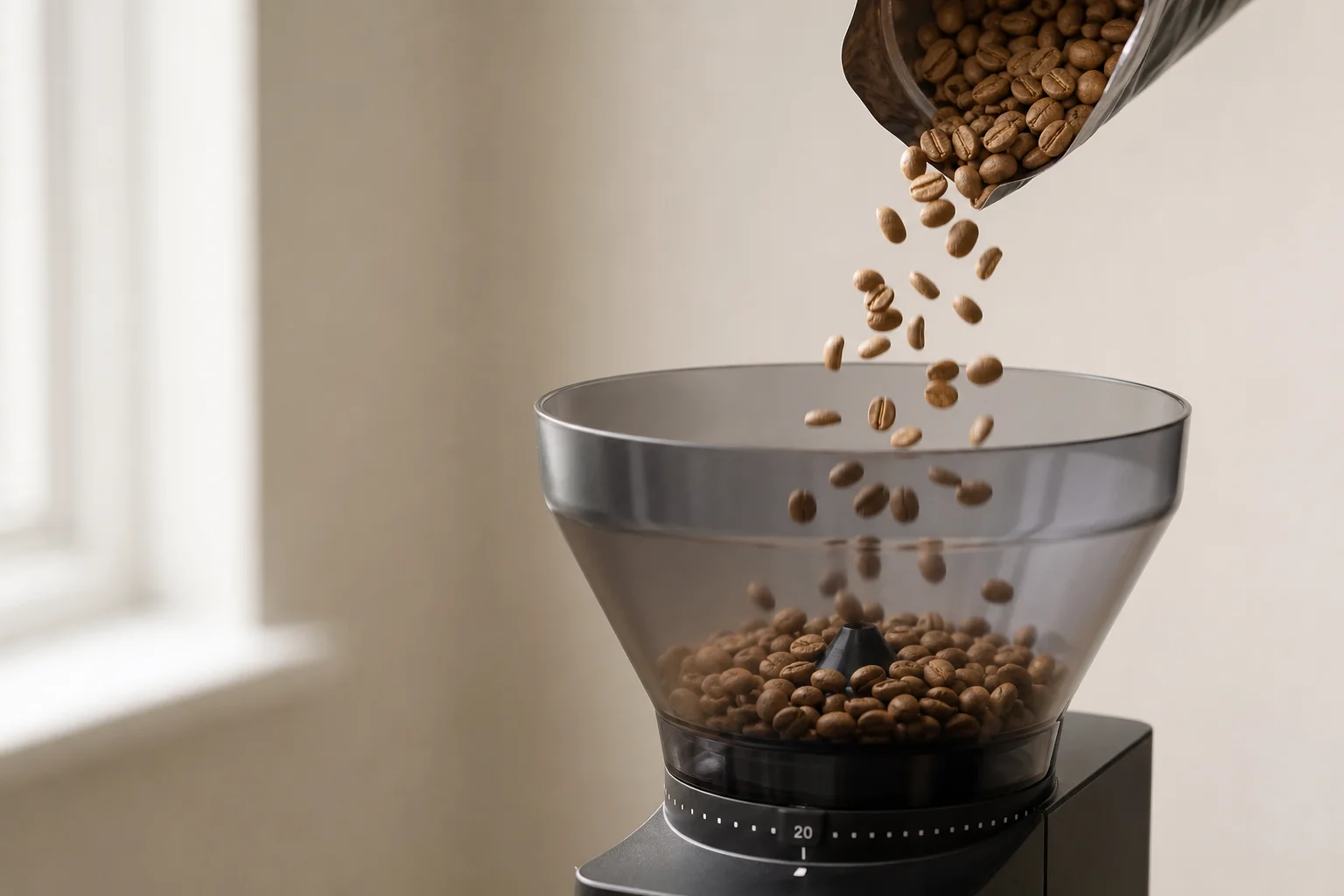 Coffee beans being poured into a grinder hopper
