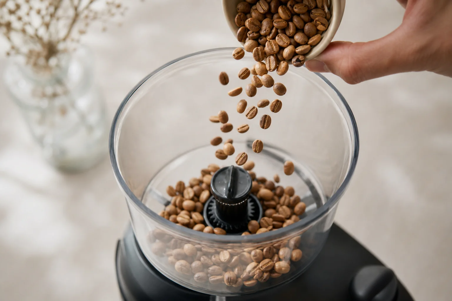 Coffee beans being poured into a grinder hopper