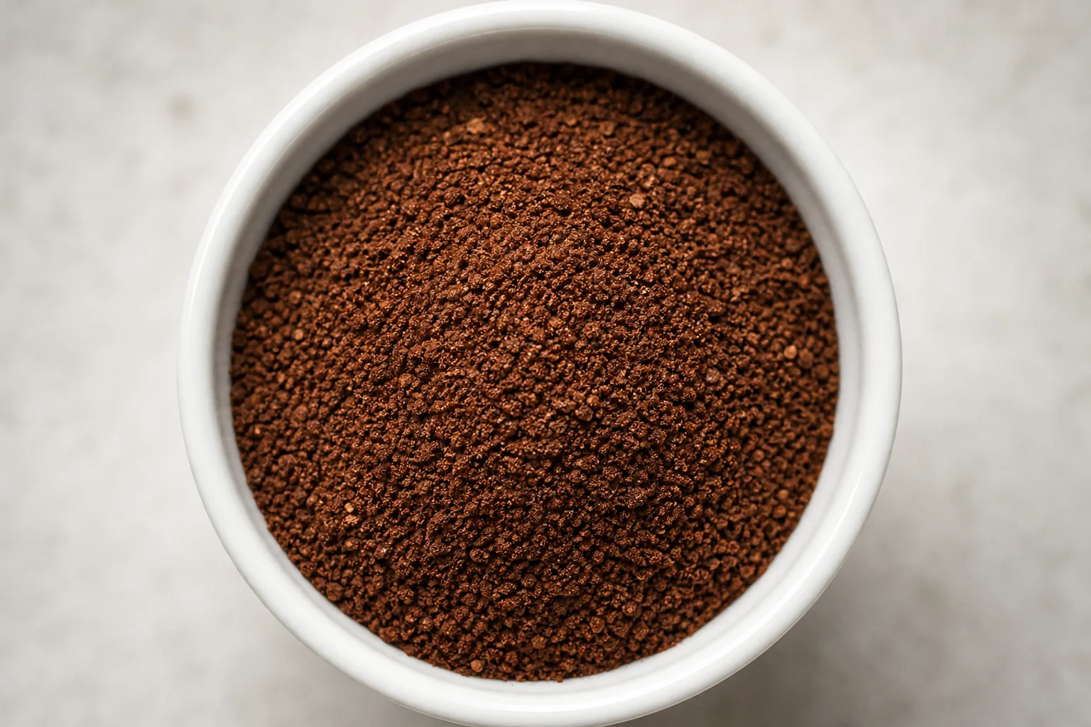 Finely ground coffee particles in a dosing cup