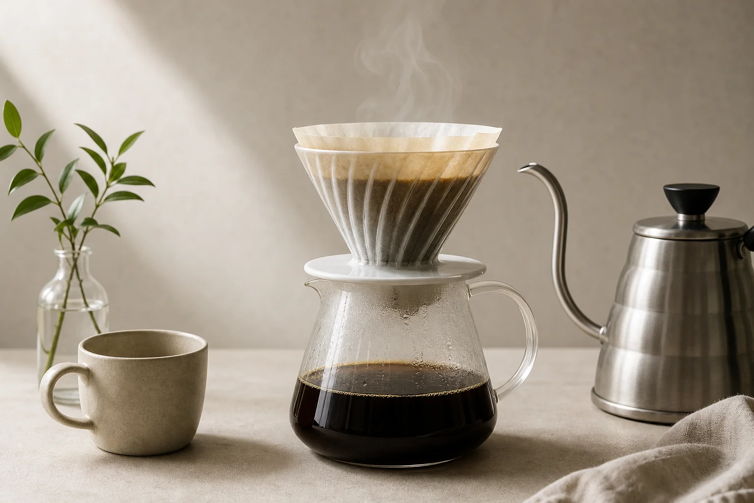 Pour-over coffee brewing setup with V60 dripper and kettle