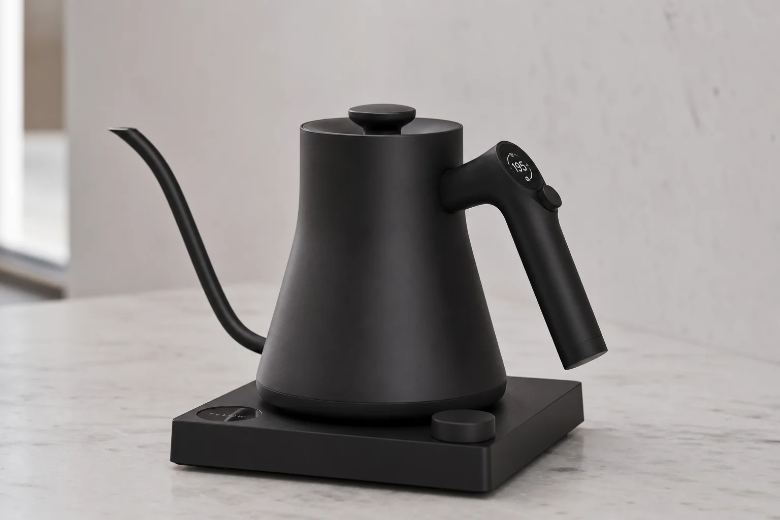 Coffee brewing equipment including V60 dripper, kettle, scale, and mug on concrete
