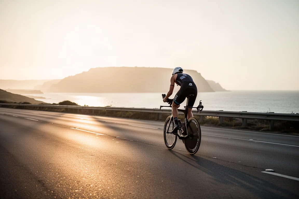 Triathlonista jadący na rowerze triathlonowym otwartą nadmorską drogą o wschodzie słońca