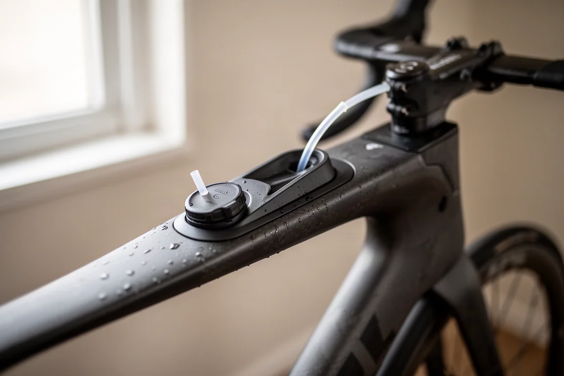 Zbliżenie na zintegrowany moduł nawodnienia w górnej rurze roweru triathlonowego