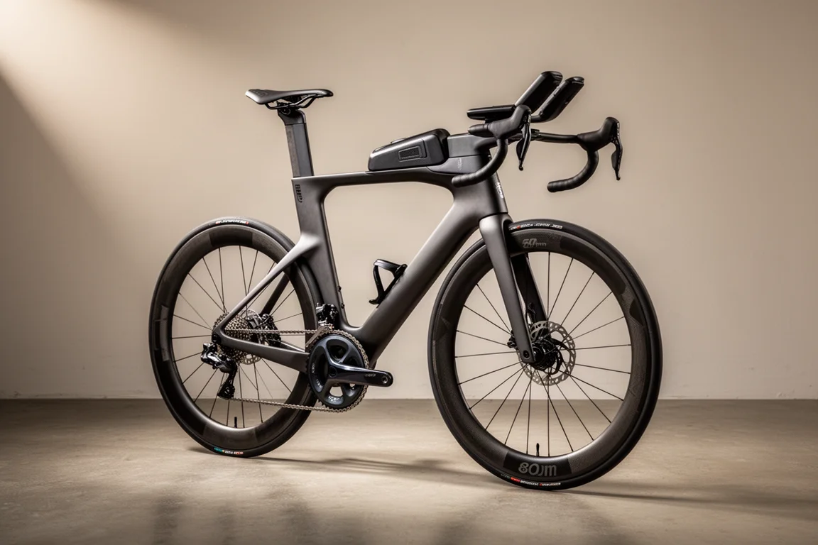 Aerodynamisk triathloncykel i kolfiber med integrerad vätskehållare i överröret och skivhjul bak i en studio