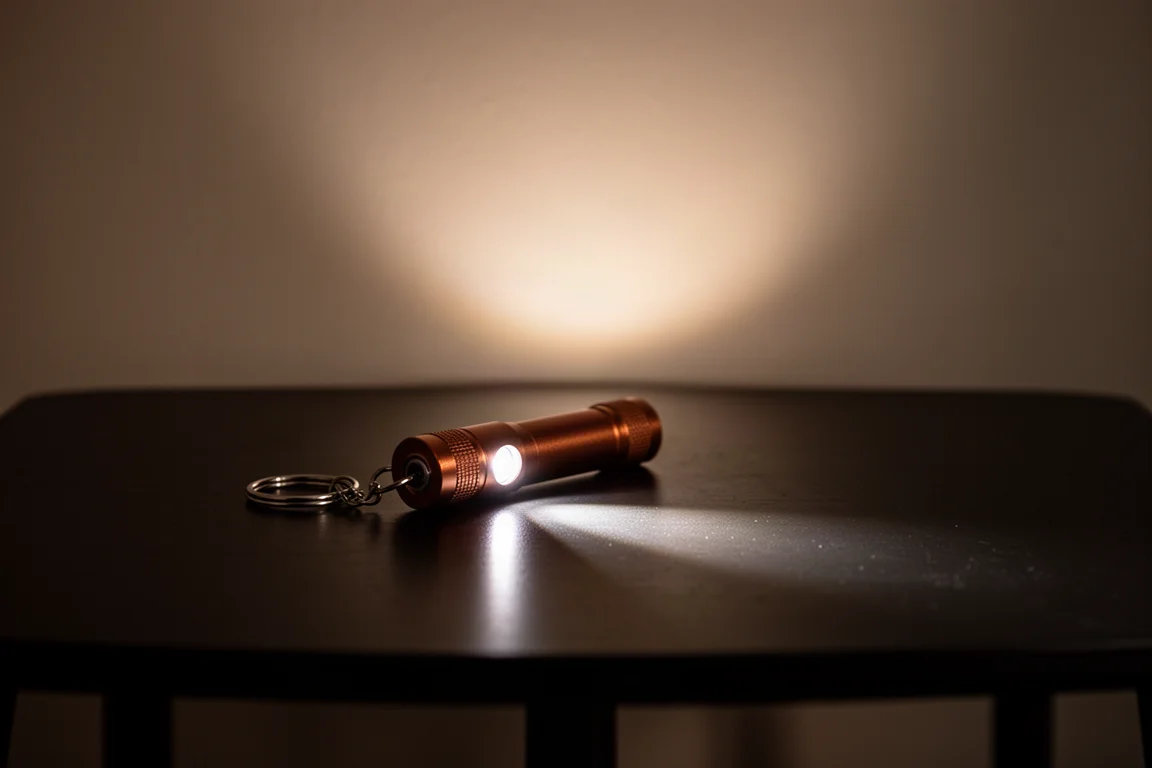 Pequeña linterna de llavero proyectando un haz brillante en una habitación oscura