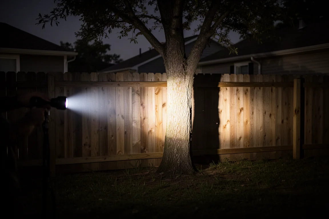 El haz de la linterna iluminando una valla y un árbol en un patio oscuro