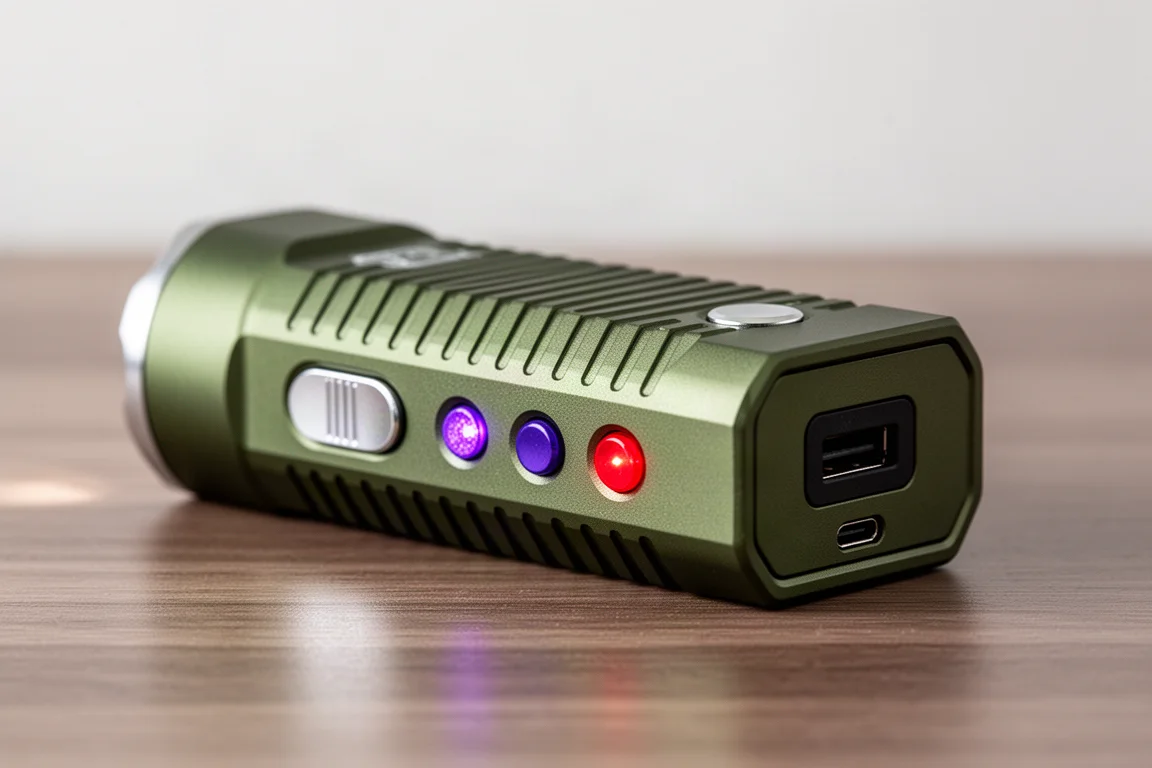 Linterna EDC plana verde oliva con botones laterales visibles y puerto USB-C