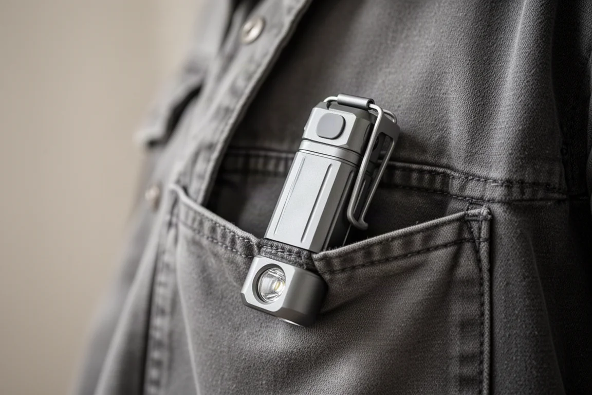 Compact aluminum EDC flashlight clipped inside a jacket pocket