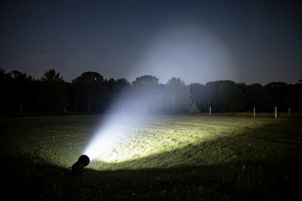 Flashlight beam illuminating a dark path at night