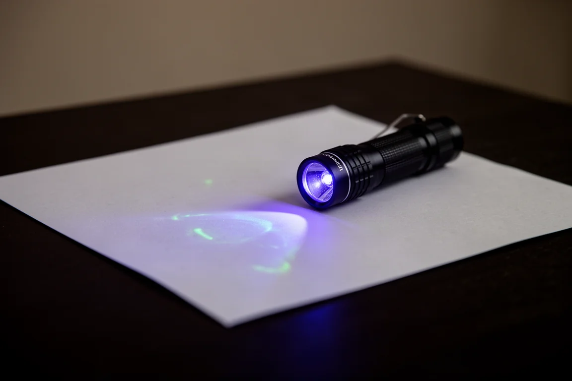 UV light revealing markings on a piece of paper