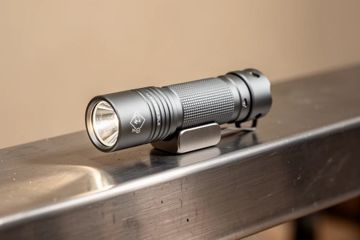 Magnetic tail of a flashlight holding it to a metal surface